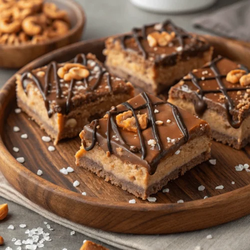 Finished Chocolate Caramel Peanut Butter Pretzel Bars cut into squares and garnished.