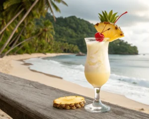 A tall glass of Ocean Love Colada garnished with pineapple and cherry.