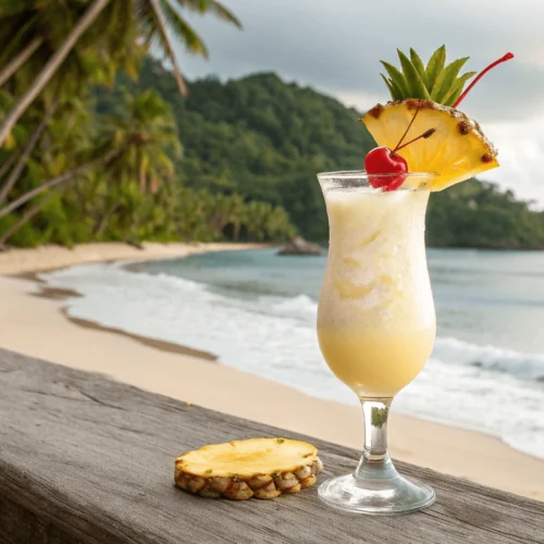 A tall glass of Ocean Love Colada garnished with pineapple and cherry.