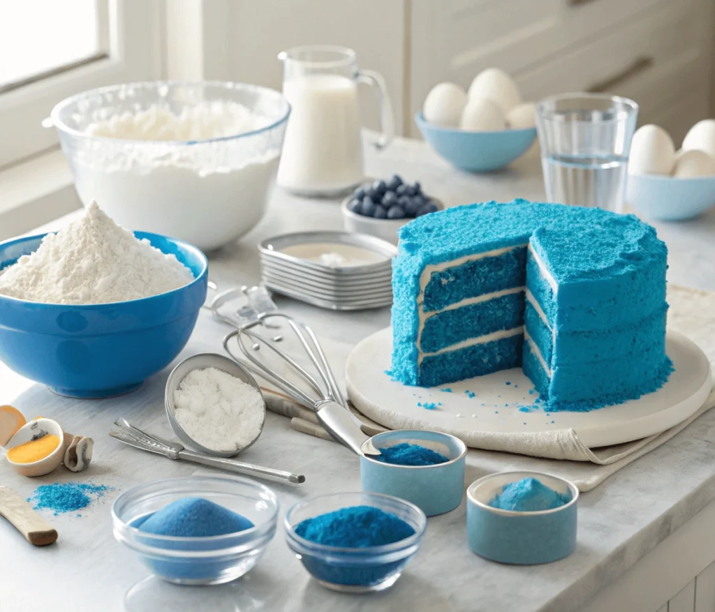 Ingredients for blue velvet cake laid out on a kitchen counter.