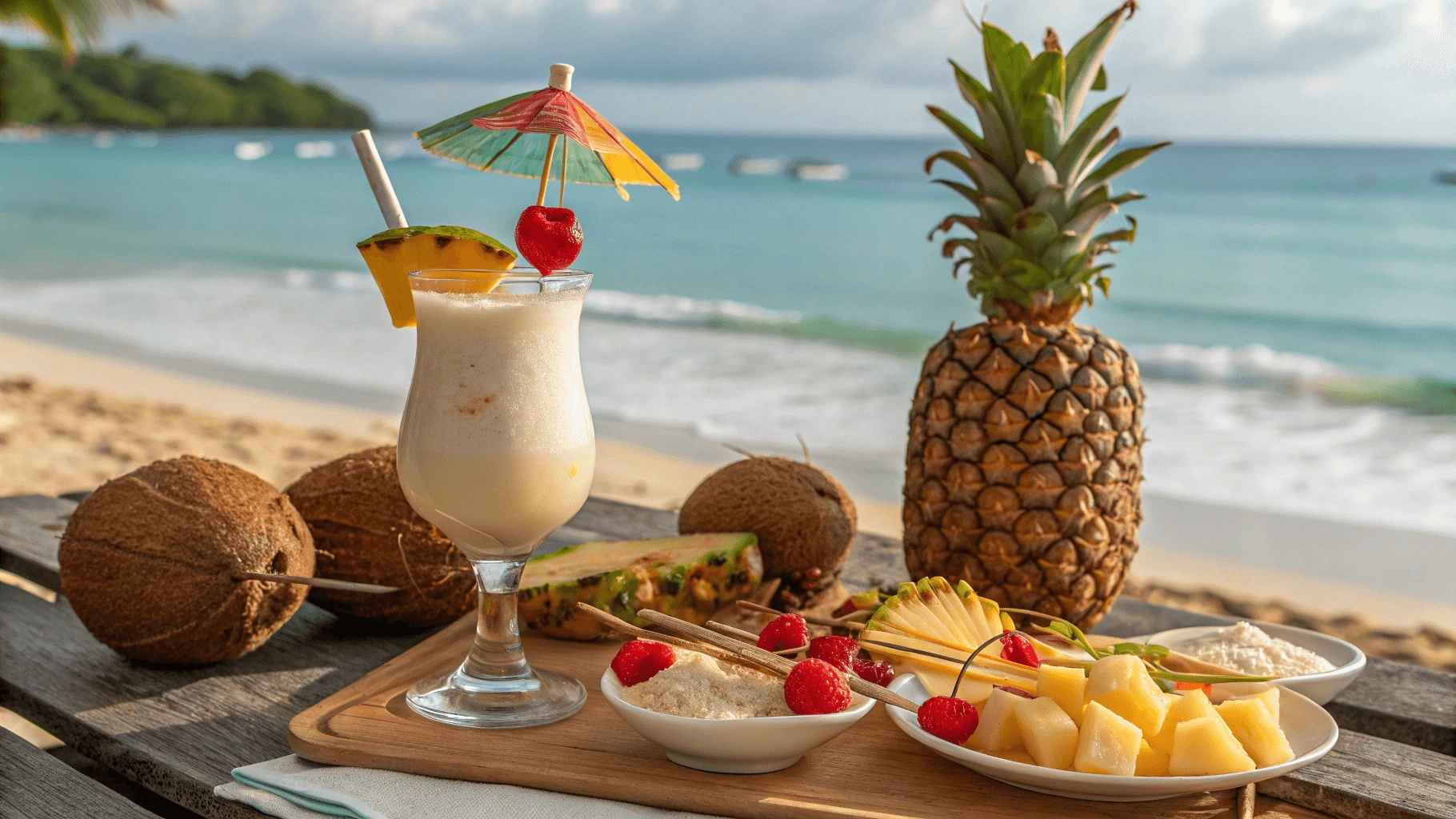 Ocean Love Colada served with tropical snacks.
