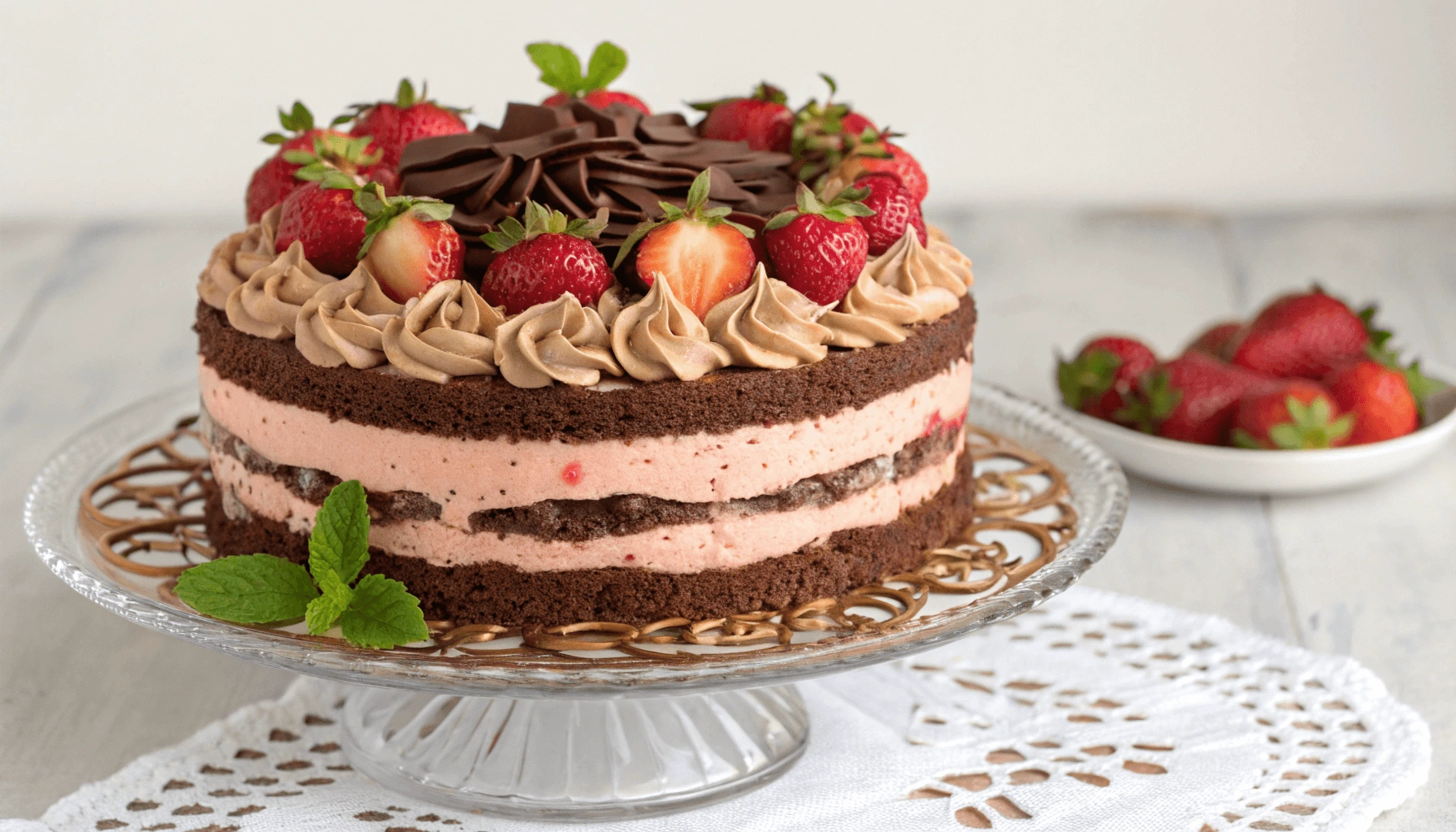 A beautifully decorated Delicious Strawberry & Chocolate Layer Cake with fresh strawberries and chocolate frosting.