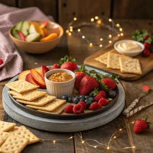 A beautifully presented yummy snack spread with crackers and fruits.