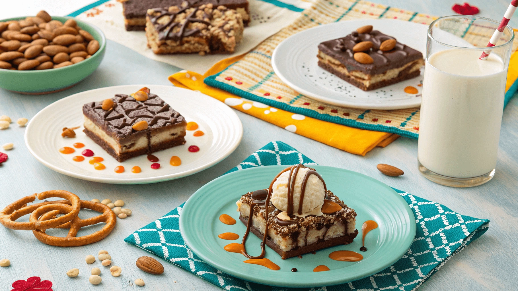 Serving suggestions for Chocolate Caramel Peanut Butter Pretzel Bars including ice cream and almond milk.