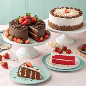 Serving suggestions for Delicious Strawberry & Chocolate Layer Cake.