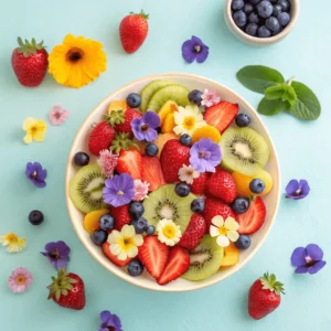 A beautifully arranged dish of fruity flowers with colorful fruits and edible flowers.