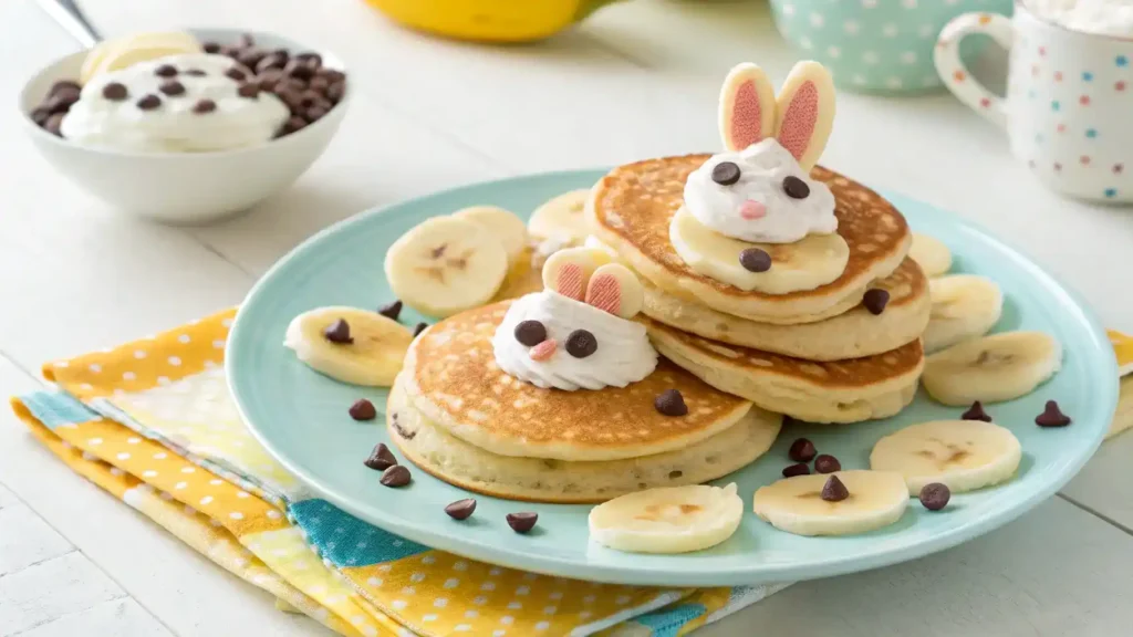 Delicious bunny pancakes decorated with fruit and whipped cream.