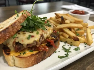 A plated BBQ melt sandwich with fries and herbs.