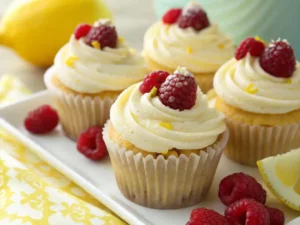 Delicious Raspberry Lemon Heaven Cupcakes with lemon frosting and fresh raspberries.