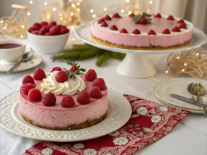 Serving suggestions for Pink Velvet Raspberry Cheesecake.