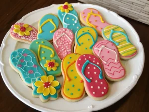 A plate filled with colorful Cutie Flip Flop Cookies, decorated with icing and sprinkles.