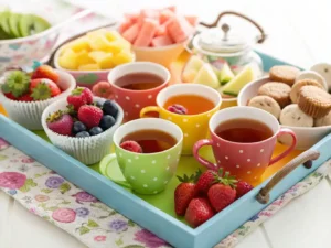 A tray of Snacky Tea Cups filled with various teas, fruits, and sweet treats.