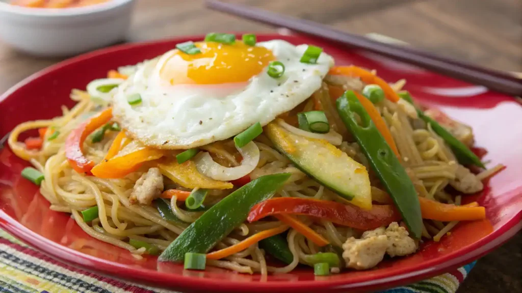 A delicious serving of Pancit Canton with Egg, showcasing colorful vegetables and scrambled eggs.