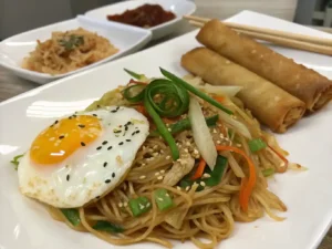 Pancit Canton with Egg served with spring rolls.