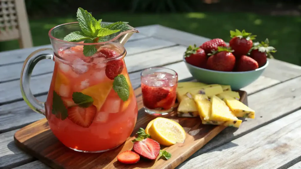 A refreshing pitcher of homemade strawberry pineapple lemonade with ice and garnishes.