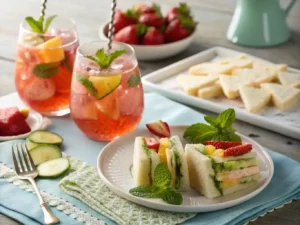 A stylish table setting with strawberry pineapple lemonade and snacks.