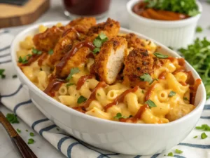 A bowl of Hot Honey Tenders Mac Cheese topped with chicken tenders and hot honey.