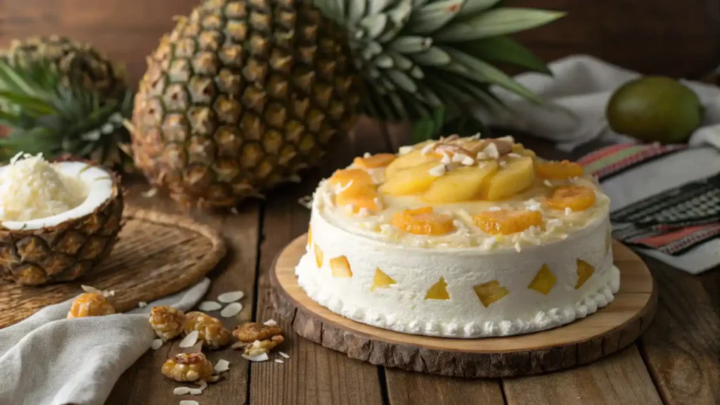 A stunning Coconut Cream Cake with Pineapple Jam Filling, garnished with coconut flakes and fresh pineapple slices.