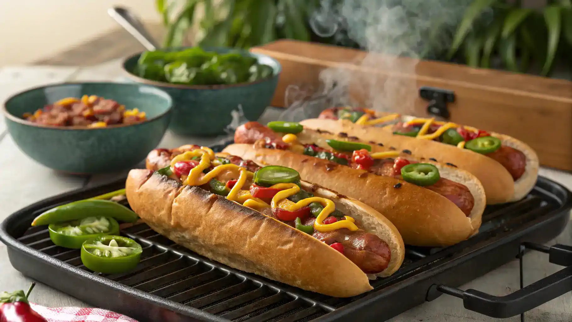 Grilled sassy hot dogs with vibrant toppings on a grill.