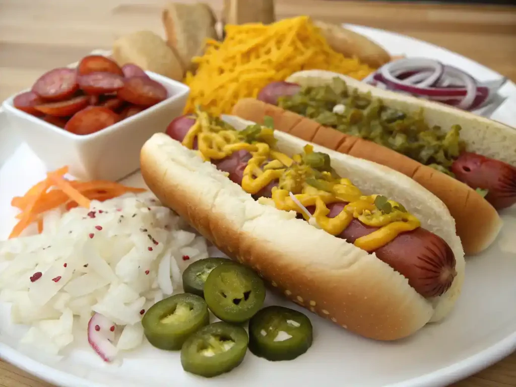 Ingredients for sassy hot dogs including hot dogs, buns, and toppings.