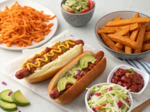 Serving suggestions for sassy hot dogs with various toppings and sides.