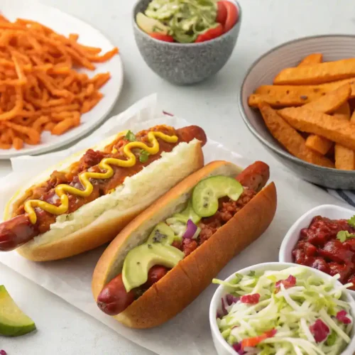 Serving suggestions for sassy hot dogs with various toppings and sides.