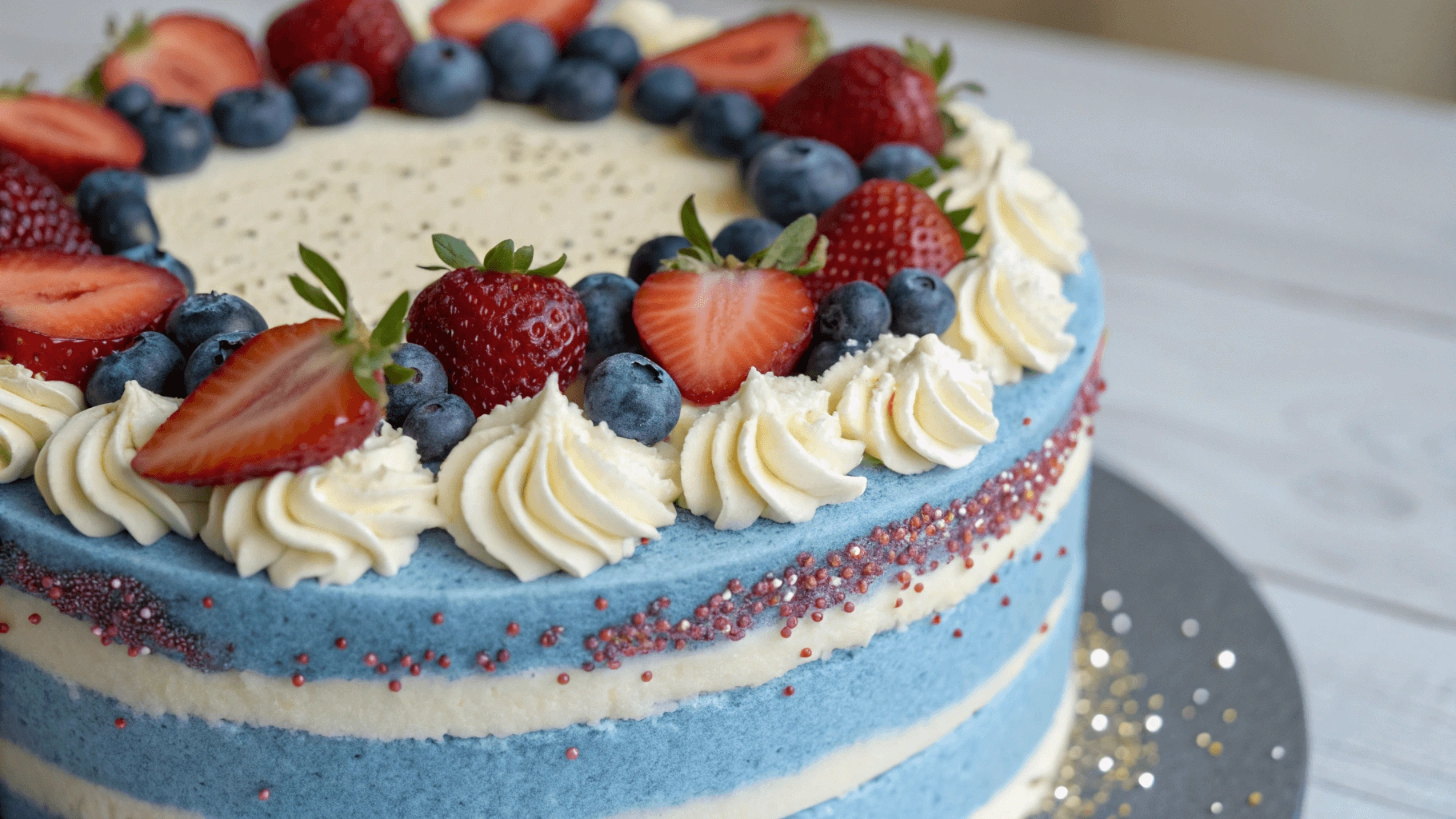 A beautifully decorated blue velvet cake with cream cheese frosting and fresh berries.