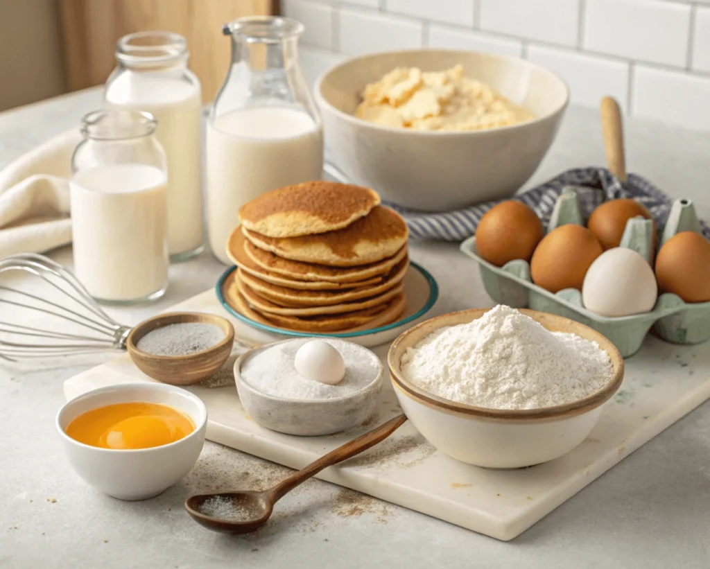Ingredients for sweet crunchy cobweb pancakes displayed on a kitchen counter.