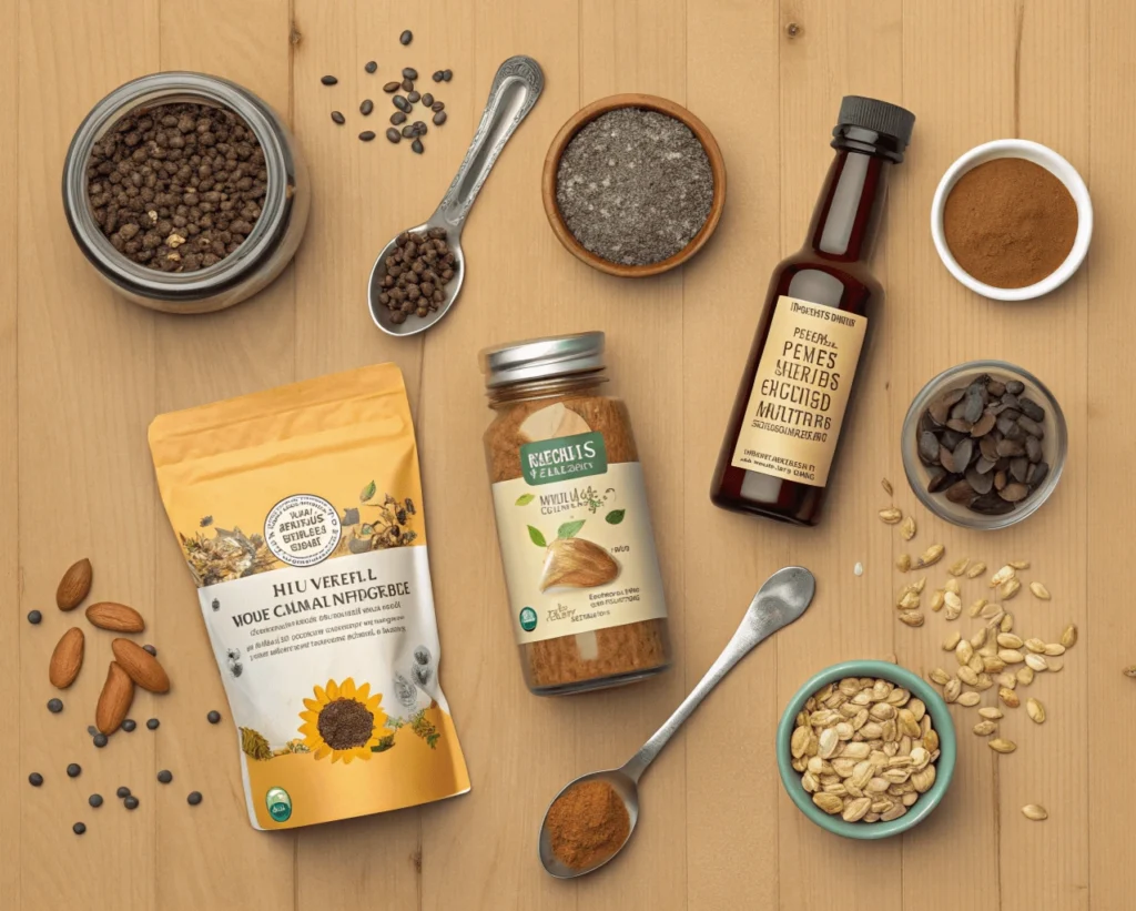 Ingredients for a yummy snack spread including nut butter, honey, cocoa powder, and more.