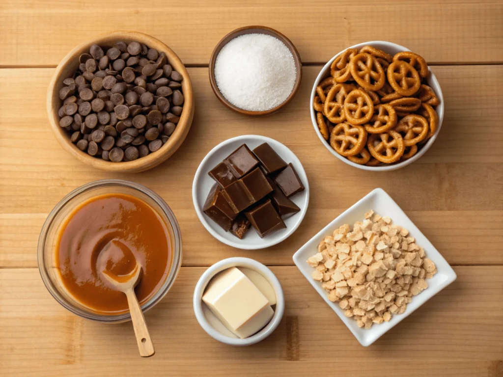Ingredients for Chocolate Caramel Peanut Butter Pretzel Bars displayed on a wooden countertop.