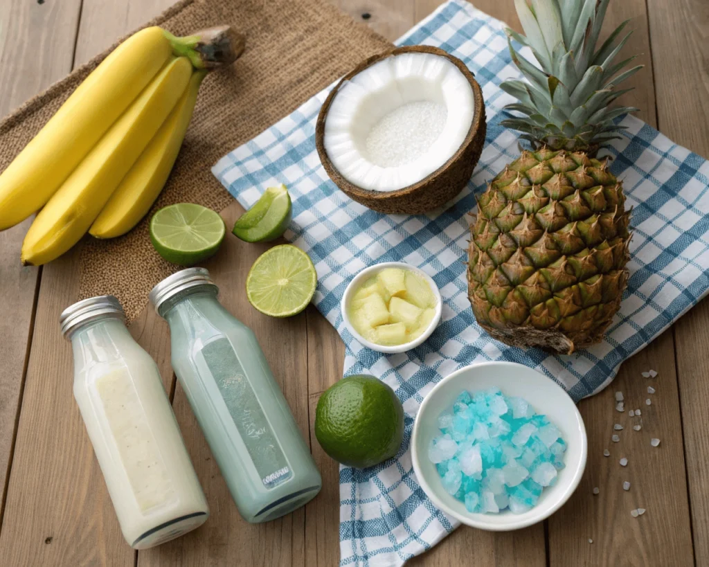 Ingredients for Ocean Love Colada displayed on a wooden table.