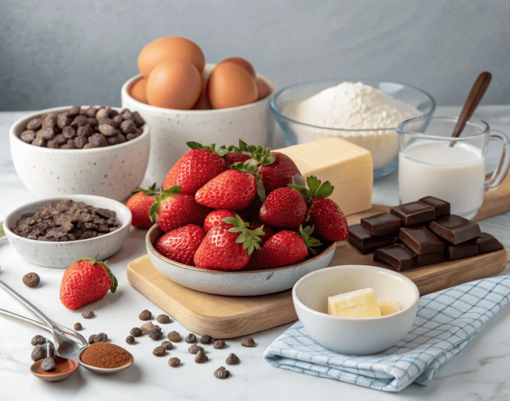 Ingredients for Delicious Strawberry & Chocolate Layer Cake displayed on a kitchen counter.