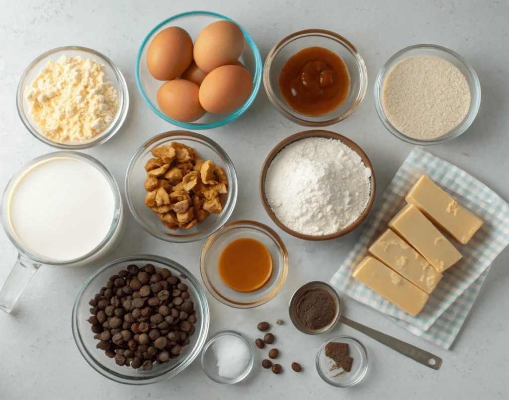 Ingredients for Decadent Caramel Crunch Cake including flour, sugar, eggs, and caramel sauce.