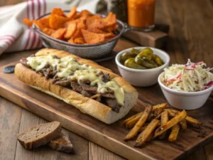 Cheesesteak served with sides.