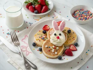A styled breakfast table with funny bunny pancakes and toppings.