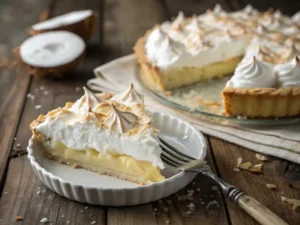 Close-up of a Coconut Meringue Pie being sliced.