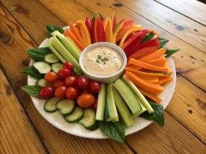 A stunning veggie flower and dip arrangement on a wooden table.