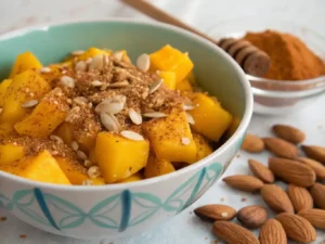 A bowl of Mango Sunflower Snack garnished with chia seeds.