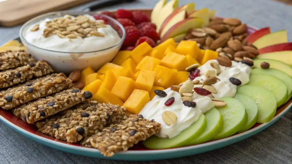 Platter of Mango Sunflower Snack with yogurt and fruit.