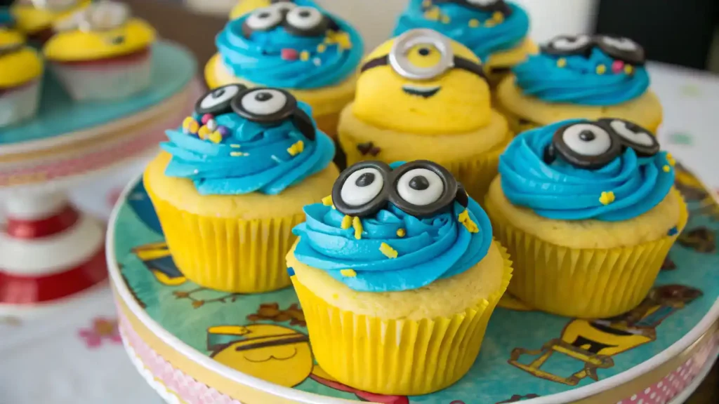 Deliciously decorated minion cupcakes on a platter.