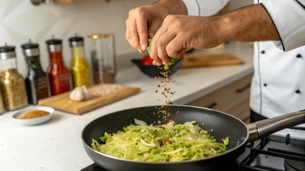 Adding spices to cabbage