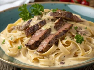 Close-up of Creamy Cajun Steak Alfredo