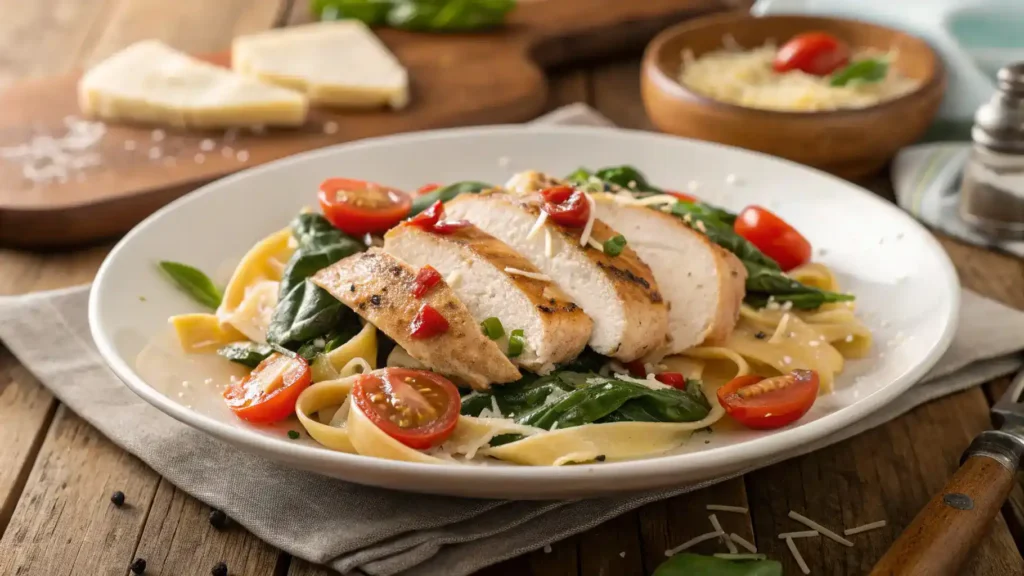 Delicious chicken pasta dish with spinach and cherry tomatoes