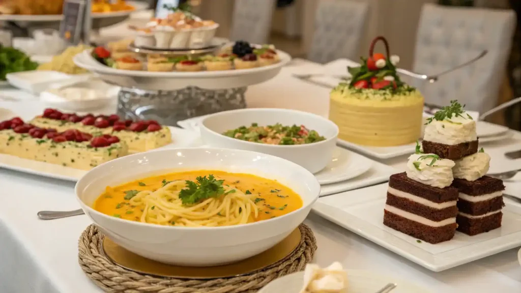 A variety of creamy dishes on a dining table