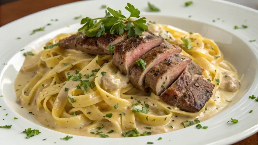 Creamy Cajun Steak Alfredo on a plate
