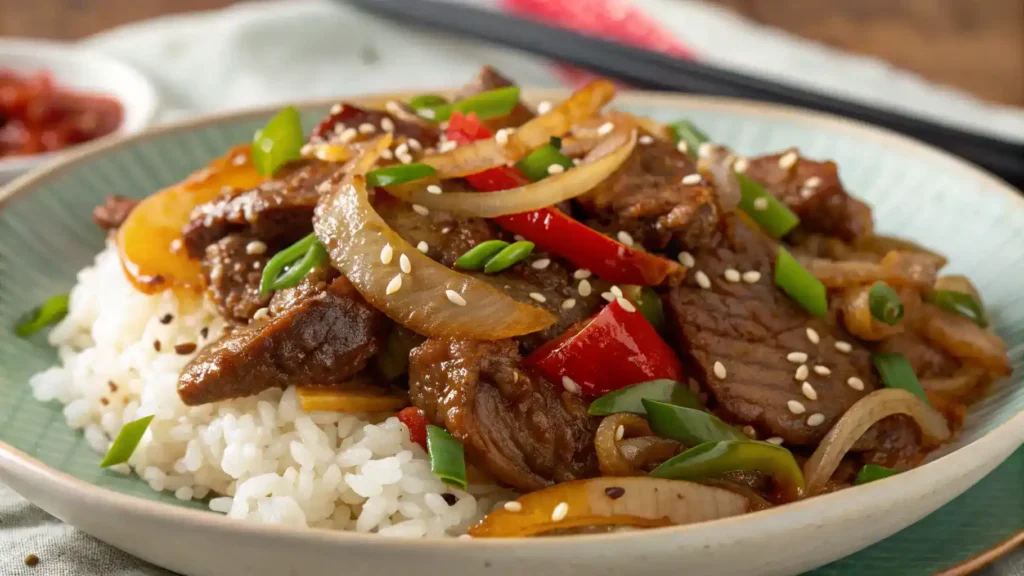 Delicious Chinese Beef and Onion Stir Fry served on a plate