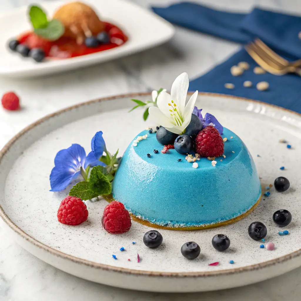 A beautifully plated Frost Blue Delight dessert.