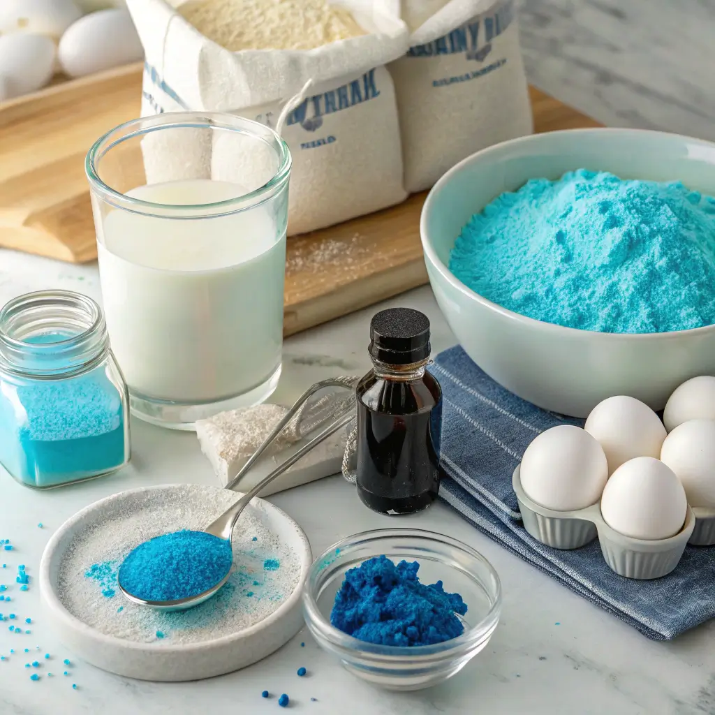 Ingredients for Frost Blue Delight displayed on a kitchen counter.