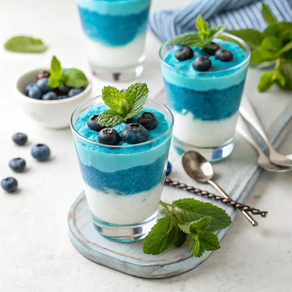 Frost Blue Delight served in clear glasses with garnishes.