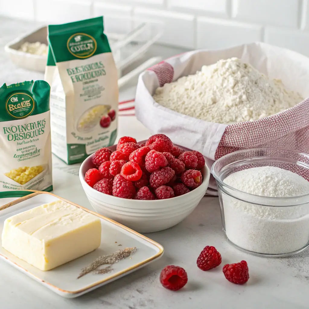 Ingredients for Publix Raspberry Elegance Cake displayed on a kitchen counter.